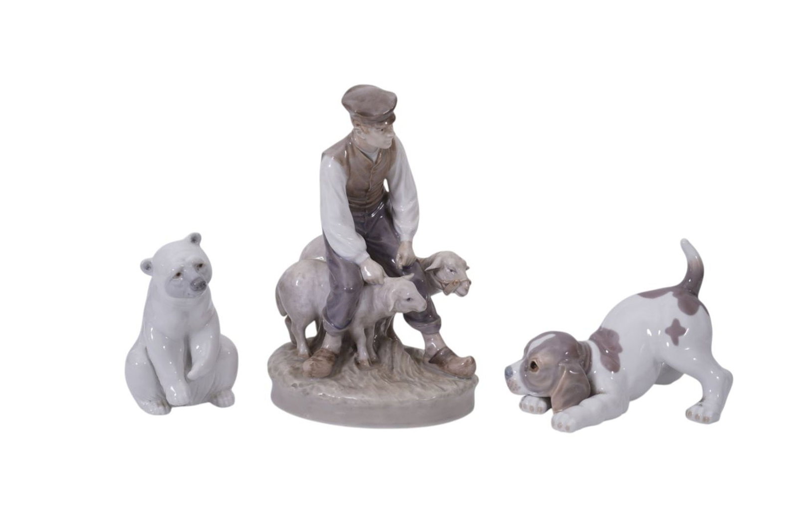 3 Porcelain Figures, Copenhagen Shepherd with Lambs, Lardo Bear & Dog, Largest 8"h x 7"w (1 of 7)