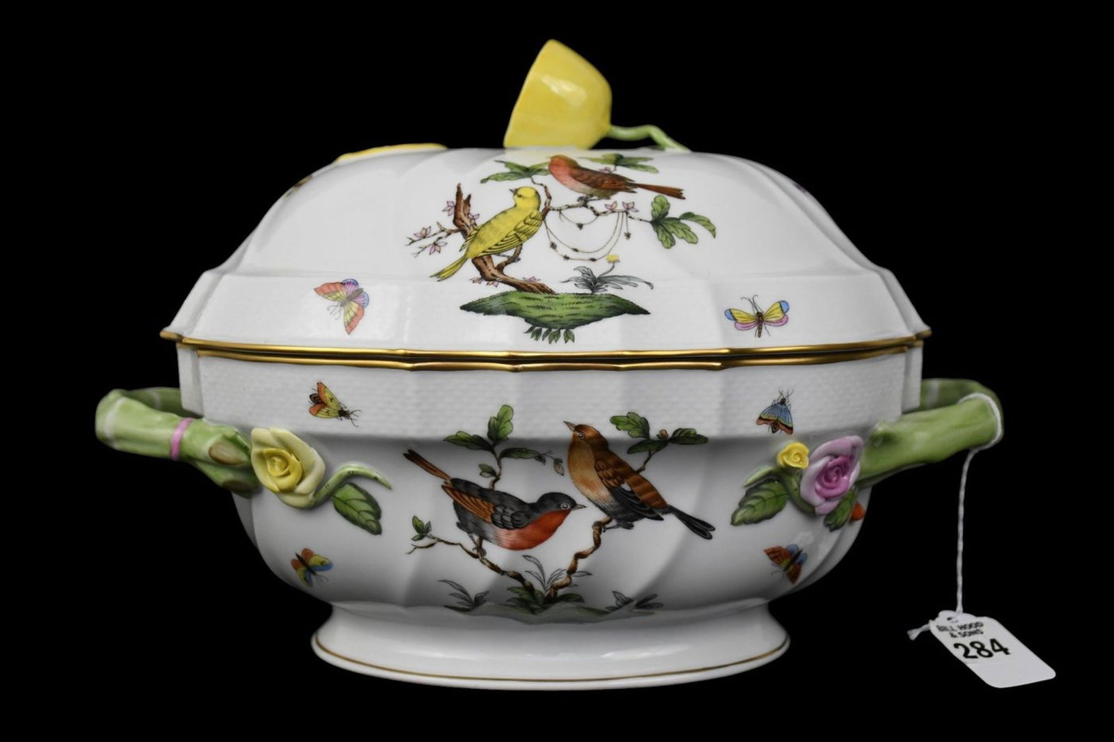 Herend Porcelain Tureen, Rothschild Bird Pattern with Lemon Finial & Asparagus Handles, 8"h x 14"w x (1 of 6)