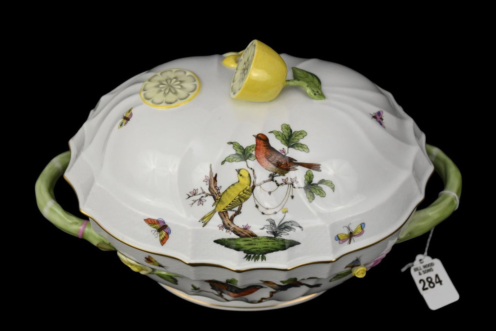 Herend Porcelain Tureen, Rothschild Bird Pattern with Lemon Finial & Asparagus Handles, 8"h x 14"w x - 3