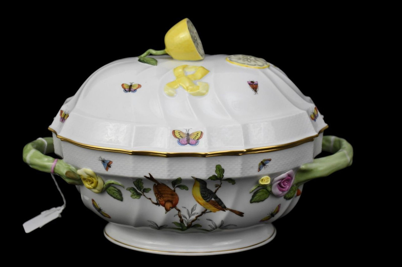 Herend Porcelain Tureen, Rothschild Bird Pattern with Lemon Finial & Asparagus Handles, 8"h x 14"w x - 4