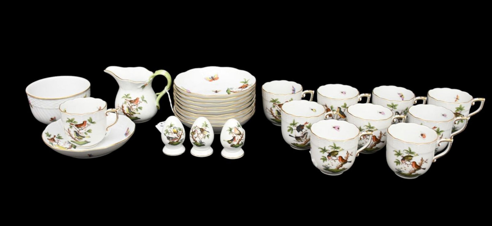 Herend Porcelain Rothschild Pattern, 10 Teacups, 10 Saucers, Creamer, Open Sugar Bowl and 3 Salt & (1 of 9)
