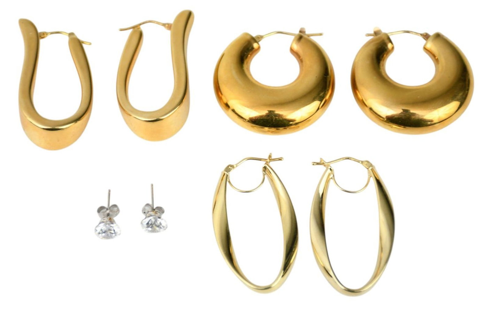 14K Yellow Gold Earring Lot. 3 Hoop earrings and 1 Stud CZ Earring. Wt. 21 grams Length .25" -1.5" (1 of 6)