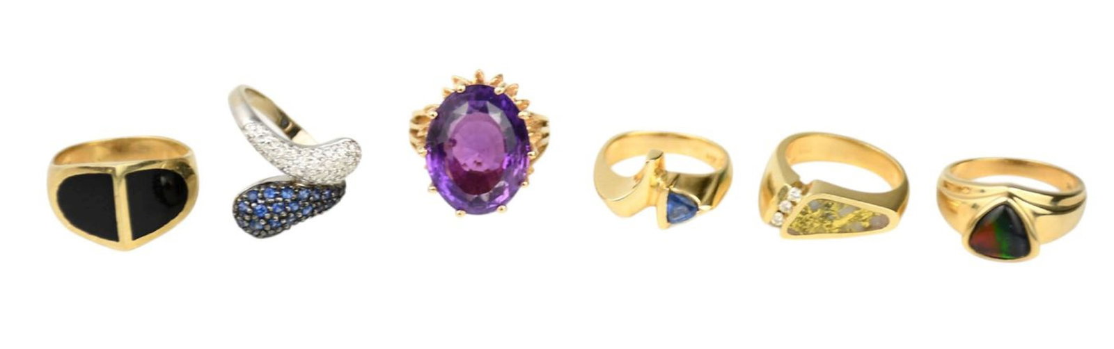 6 -10K -14K Yellow Gold Ring Lot. Size 6 -8 14K Wt. 34.7 grams. Only 1 ring is 10K the onyx and (1 of 5)