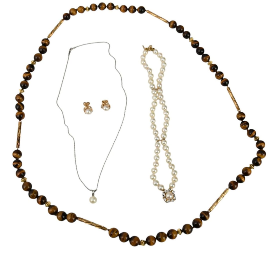 14K Yellow Gold Pearls & Tiger Eye Jewelry. Tiger eye necklace with 14k yellow gold spacing 30" and (1 of 6)