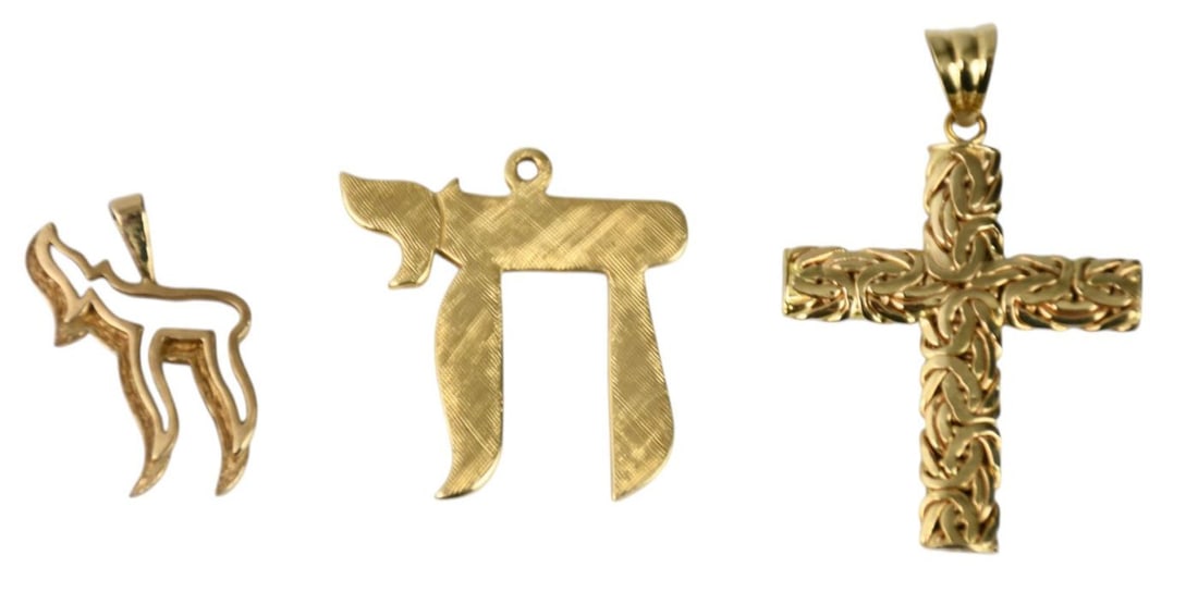 3 - 14k Yellow Gold Charms / Pendants . Cross and Chai, wt. 8.1 grams .75" - 1.5" (1 of 2)