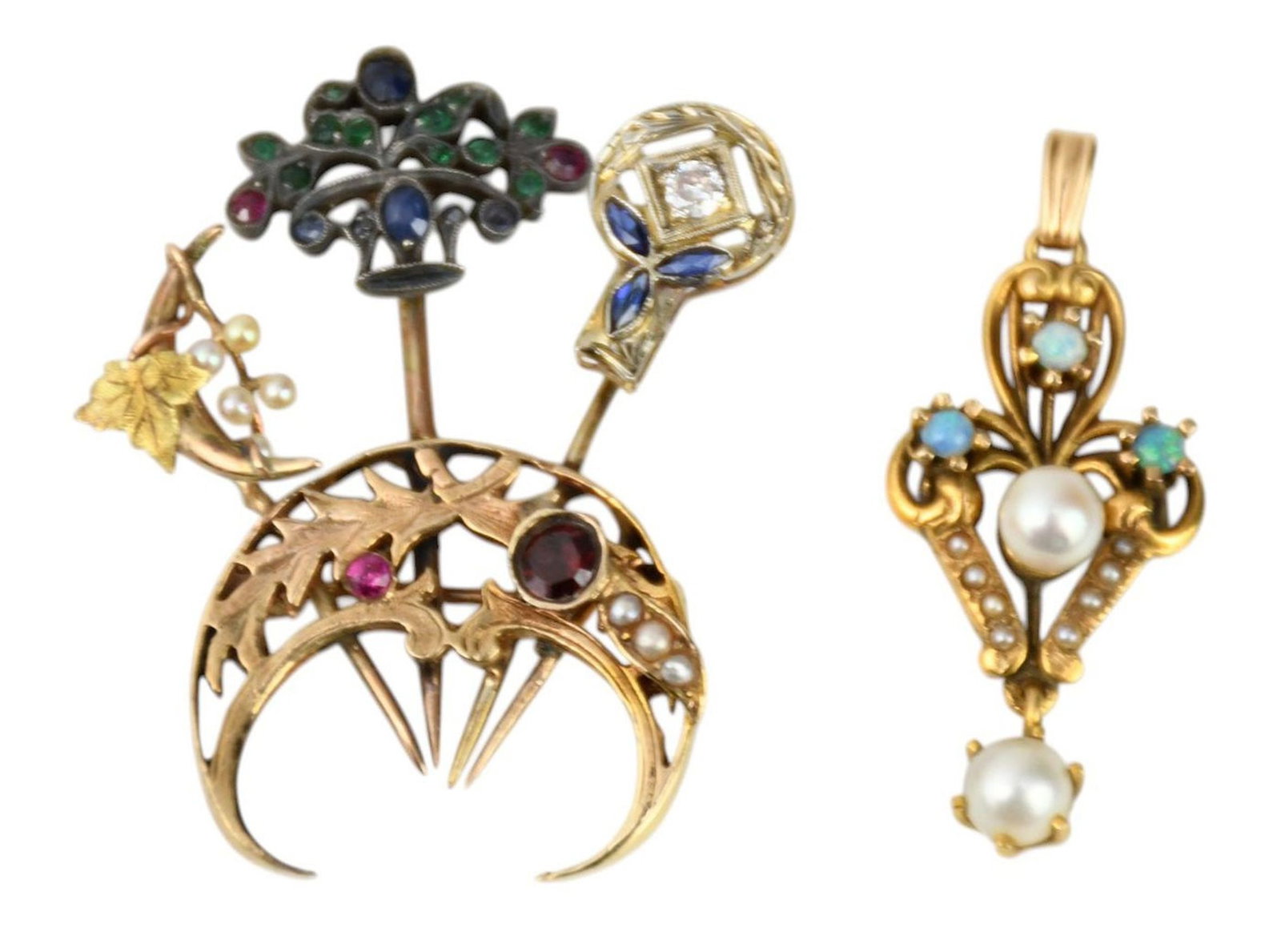 2 Vintage 14K Yellow Gold Pin/Brooch & Charms. Crescent Moon with seed Pearls, diamond, Ruby, (1 of 3)