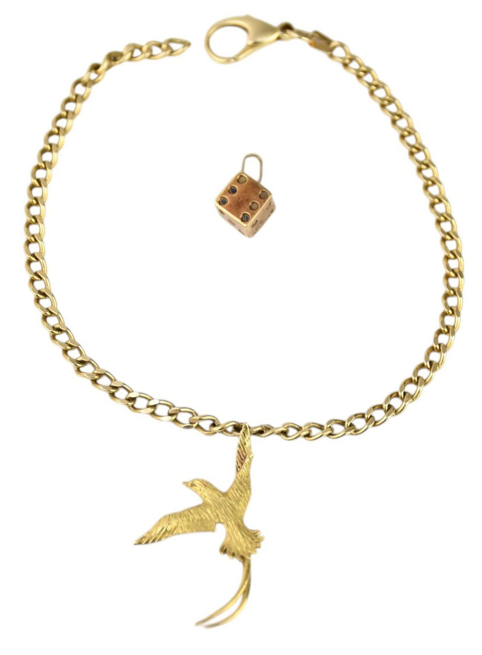 14K Yellow Gold Anklet with Phoenix & Dice Charm. Anklet 9" wt. 10.9 grams (1 of 3)