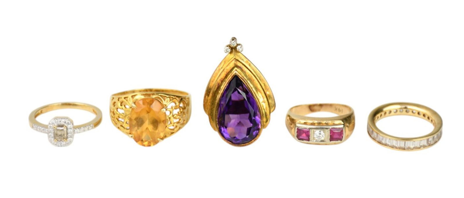5 - 14K Yellow Gold Rings. Size 6 - 12. 1 Amethyst with diamond accents, 1 Ruby diamond ring, 1 (1 of 8)