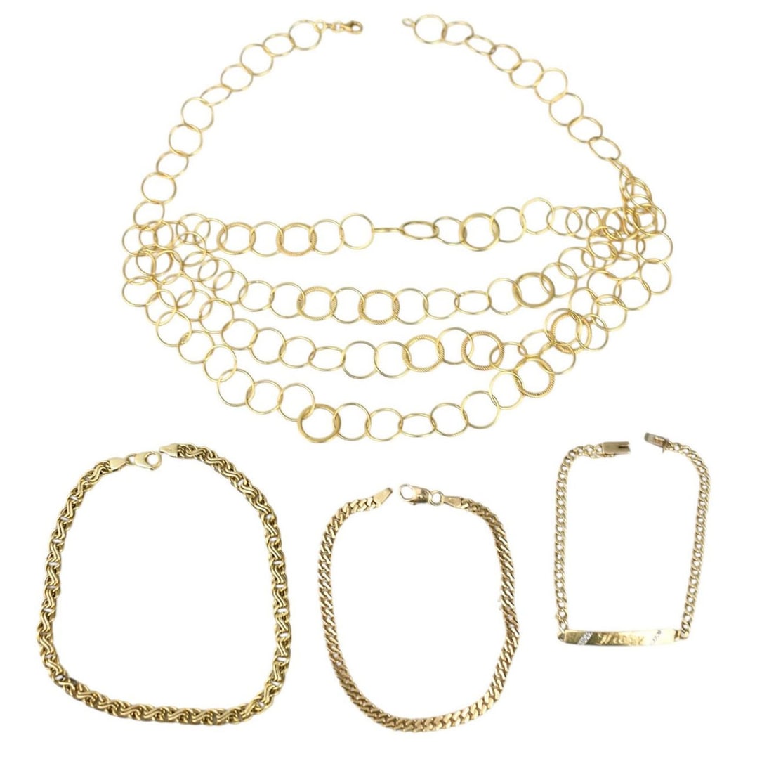 14K Yellow Gold Jewelry Lot. 1 (4 strands) Necklaces 16" and 2 bracelets 7" engraved "Vicky" and (1 of 5)