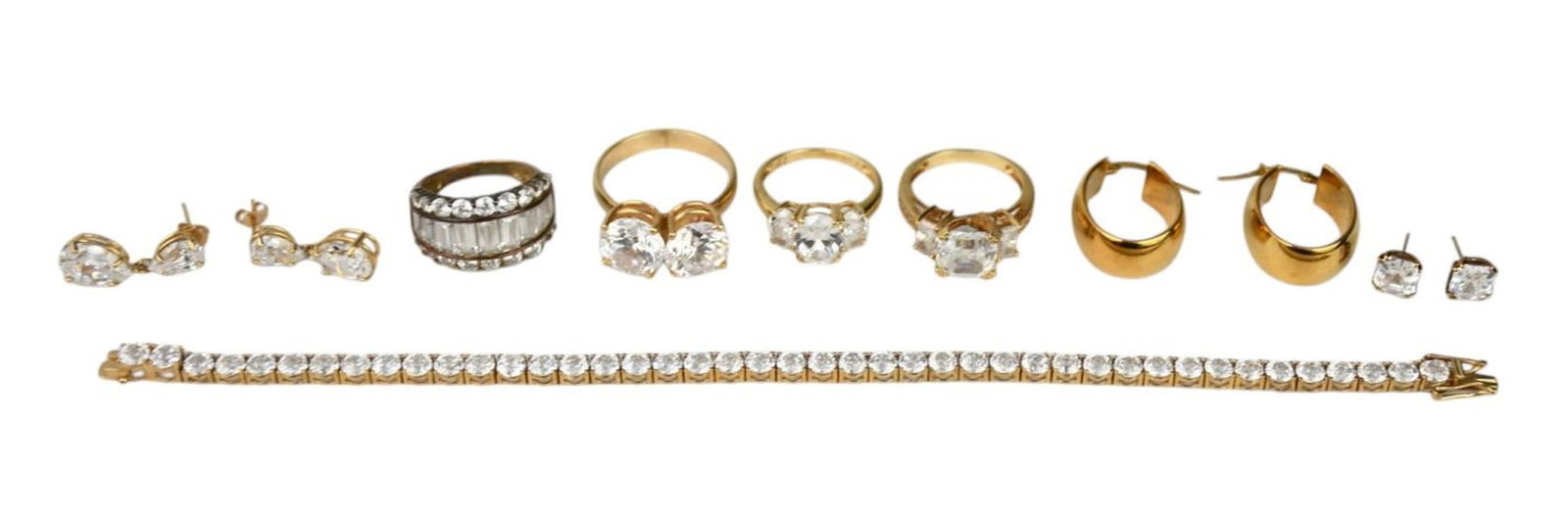 14K Yellow Gold jewelry Lot. 5 rings with CZ size 6.25 - 9.5, 2 pairs of cz earrings 1/4" - 3/4", 1 (1 of 5)