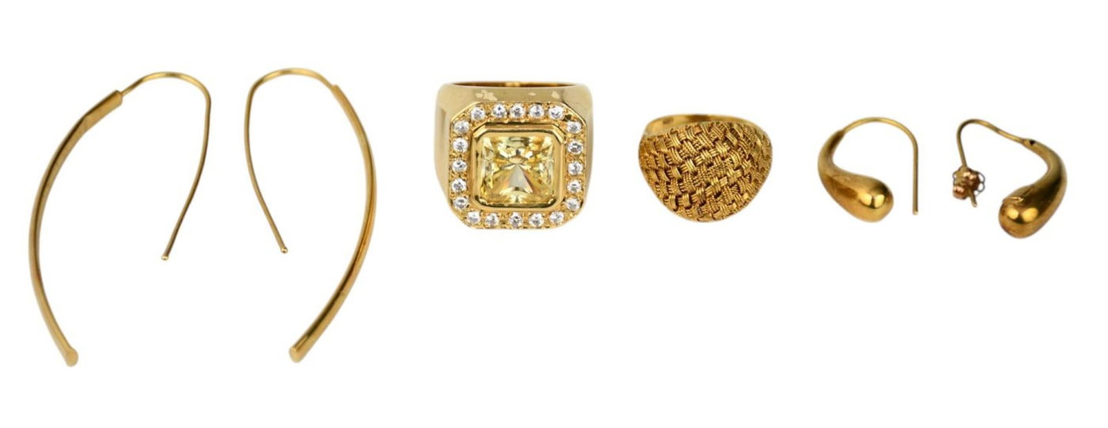 18K Yellow Gold Jewelry Lot. 2 pairs of earrings and 2 rings. Citrine & CZ ring size 6.5. Basket (1 of 10)