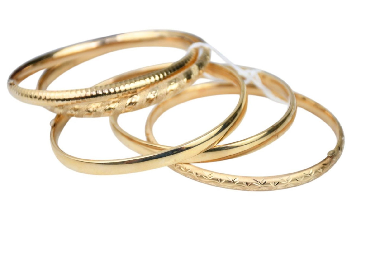 5 - 14K Yellow Gold Bangles. 2 Classic, 1 Satin Vine, 1 Faceted Diamond Cut & 1 Pave Striped. Wt. 39 (1 of 2)