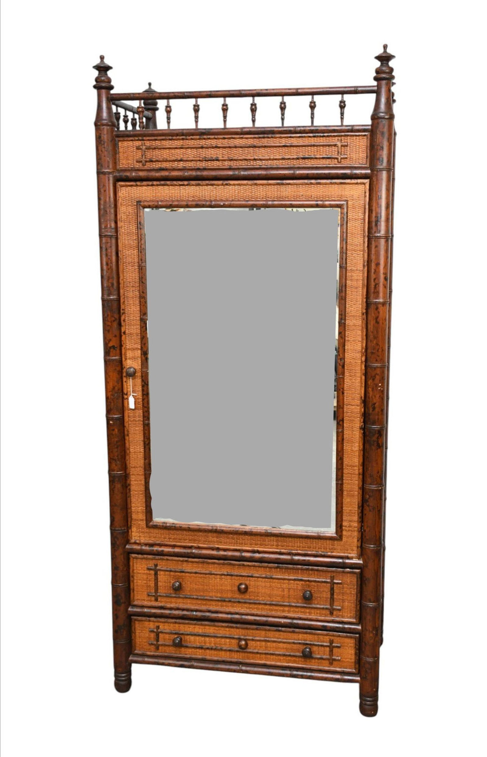 Vintage Bamboo/Rattan Armoire with Front Mirrored Door, 86"h x 38"w x 22"d: Vintage Bamboo/Rattan Armoire with Front Mirrored Door, 86"h x 38"w x 22"d