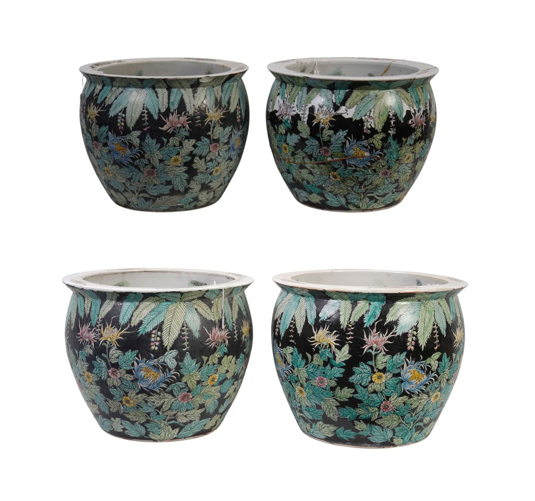 4 Large Chinese Jardiniere's, Green, Pink & Yellow Floral on Black Ground (one glued, 1 with chip on (1 of 11)