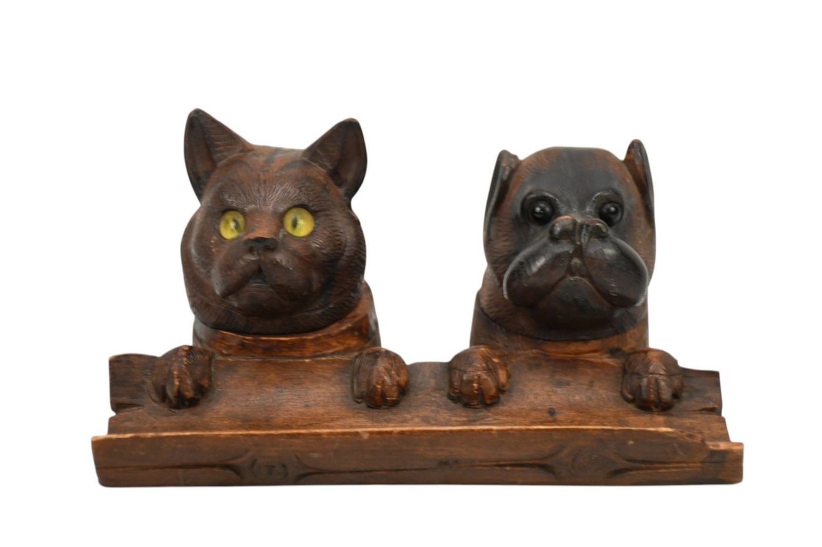 Antique Carved Cat Head with Yellow Glass Eyes & Hinged Heads (sans liner) AND Carved Dog Head with (1 of 5)