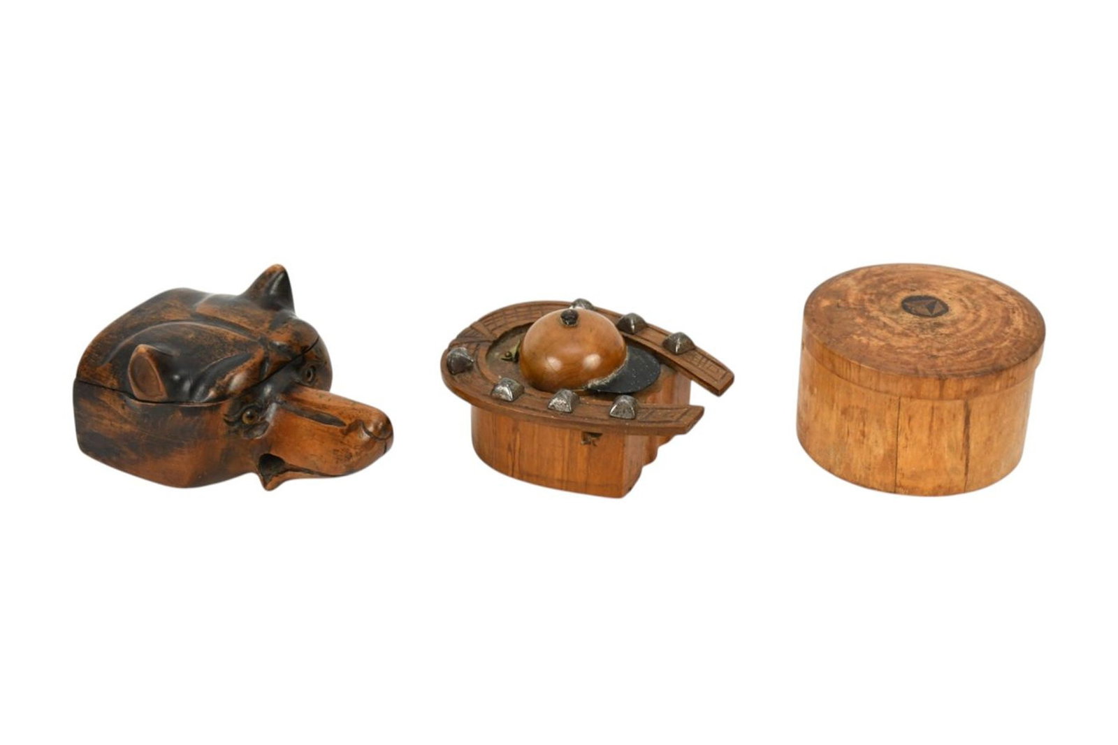 3 Antique Inkwells, Horseshoe with Jockey Cap (2 1/2"h x 3 1/2"w), Fox Head (3"h x 5"w) And Round (1 of 7)