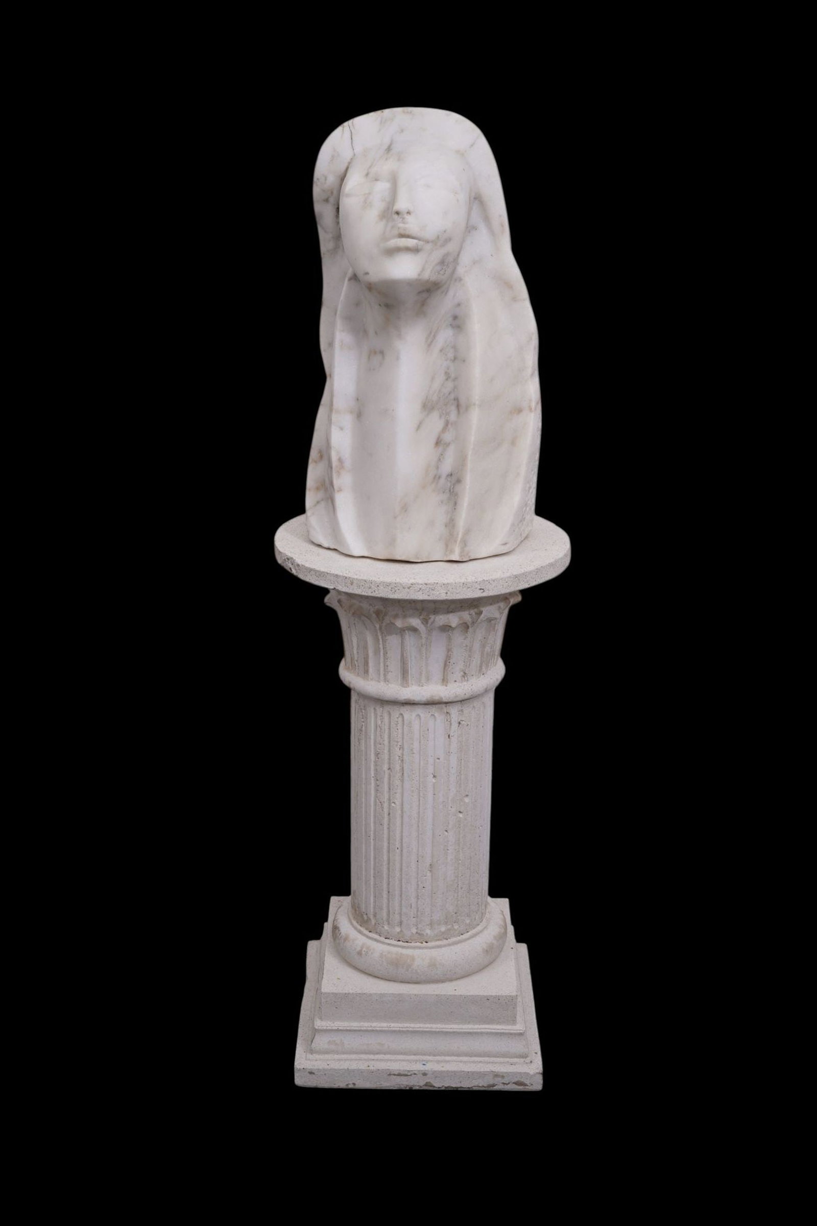 Large Marble Carved Female Head on Cement Column Pedestal, no apparent signature, sculpture 20"h x (1 of 7)