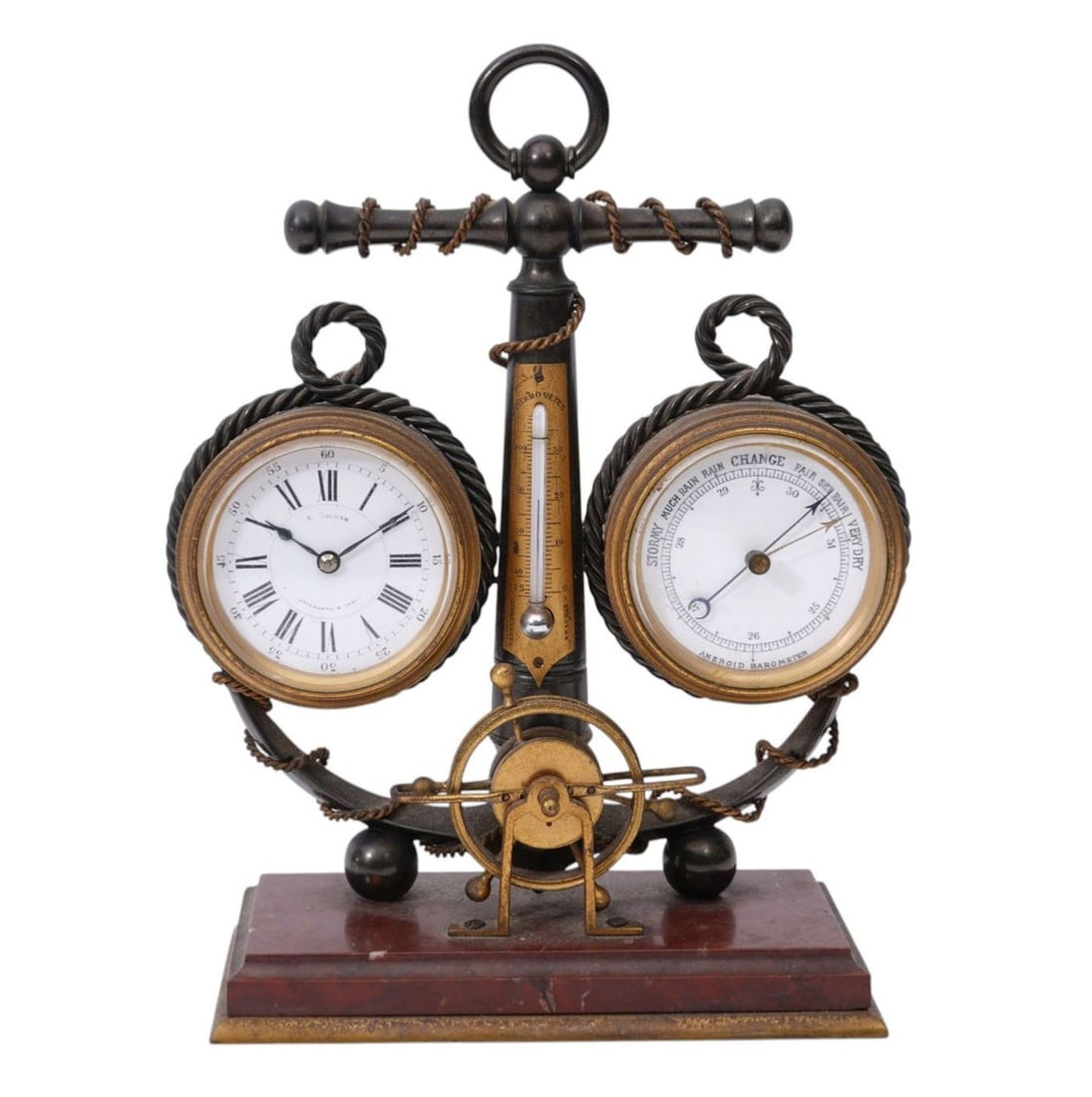 Weather Station Clock Thermometer & Barometer, 19th c, Ship's Anchor Form On Red Marble Base, V. (1 of 6)