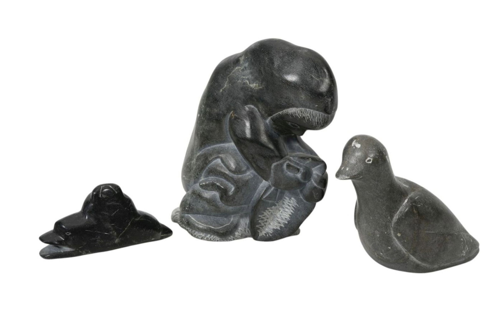 3 Small Eskimo Sculptures, Kneeling Figures, Bird & Seal on Fish (1 of 10)