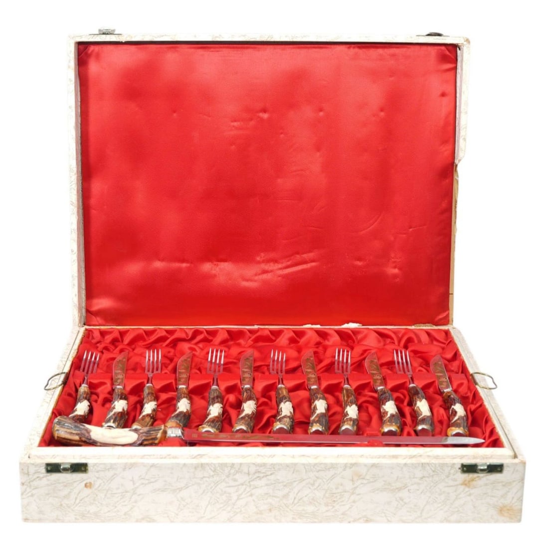 Set 12 Antler Carved Forks & Knives In (as is) Fitted Case, Flatware Stamped Germany, 4 1/2"h x 19"w (1 of 10)