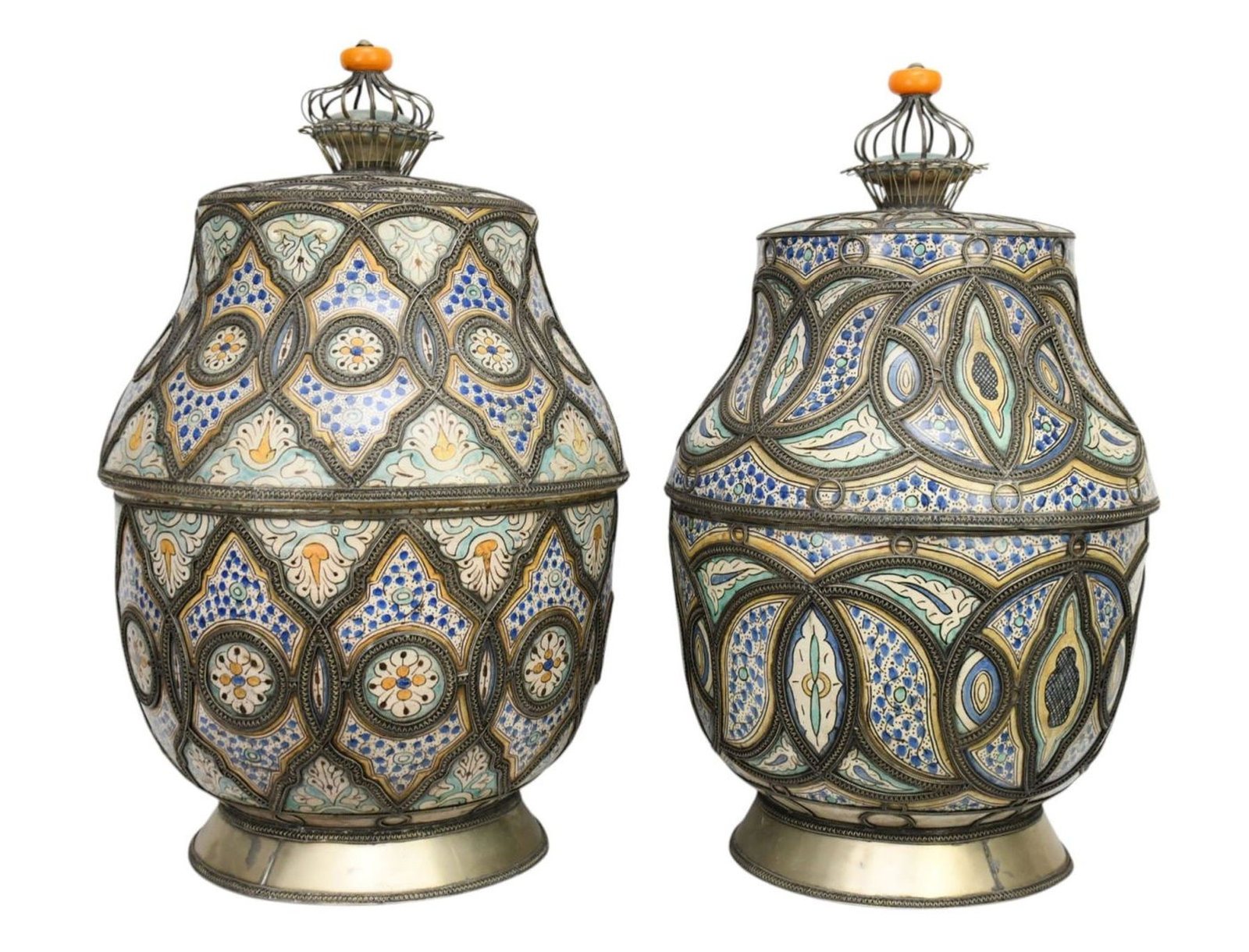 2 Pc. Moroccan Style Oversized Ceramic Jar with Finials AND Silver Metal Trim, 27"h x 16"d (1 of 7)