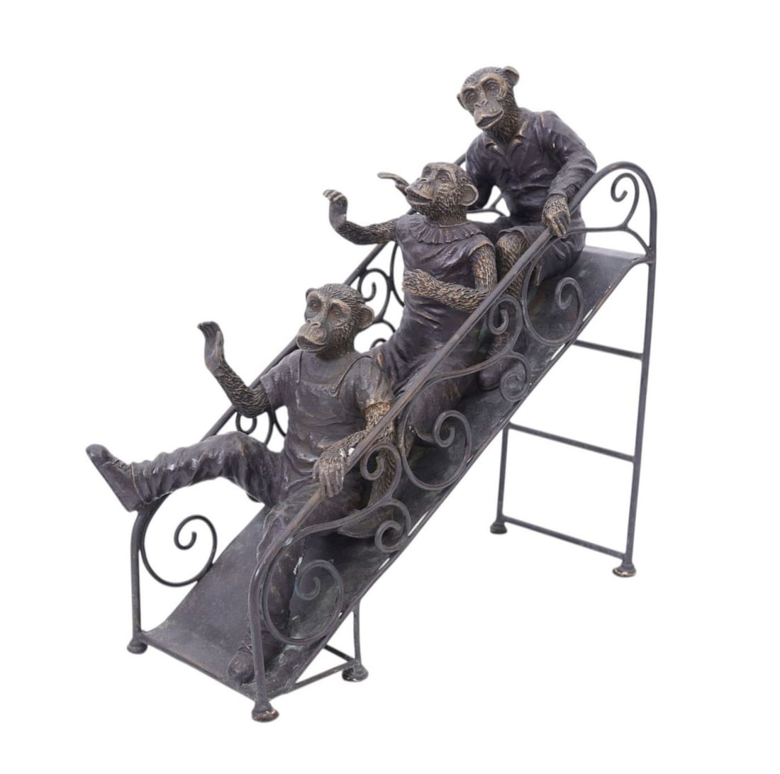 MAITLAND SMITH Bronze Sculpture, 3 Monkeys on Slide, 11"h x 11"w x 5"d (1 of 6)