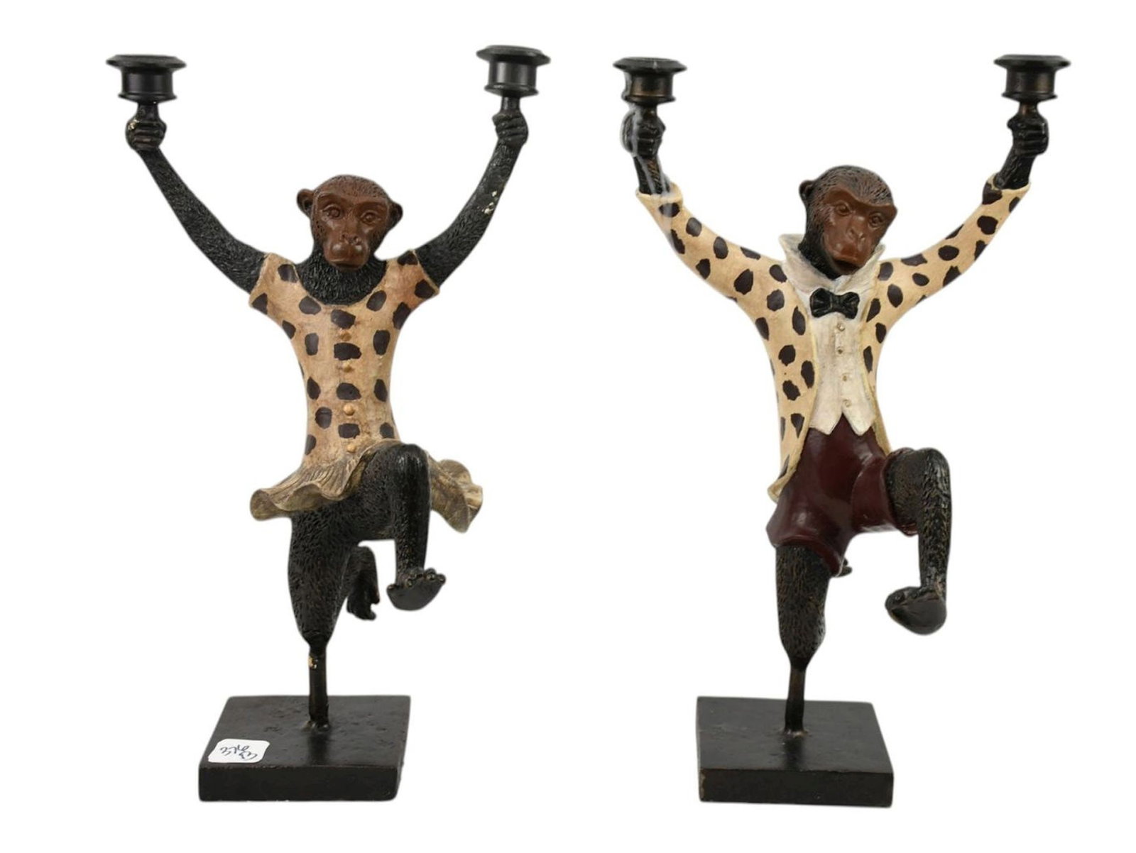 Pair Bronze Double Branch Monkey Candelabras, Dressed For a Party, 15"h x 9"w x 8"d (1 of 6)