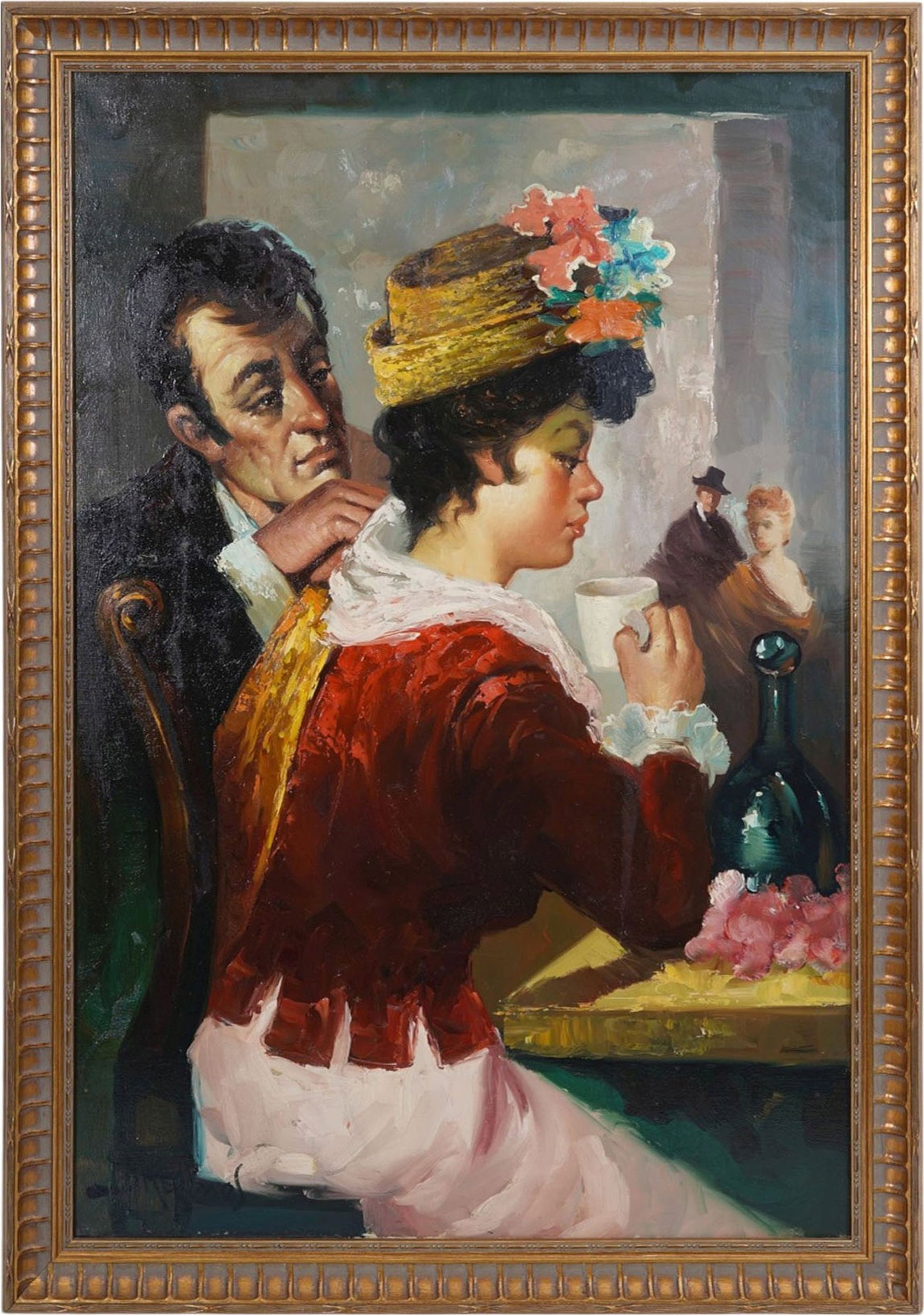 Jose Padilla (Spain 1922-2004) oil on canvas, couple in Café house, 36 x 24 inches, overall framed (1 of 5)