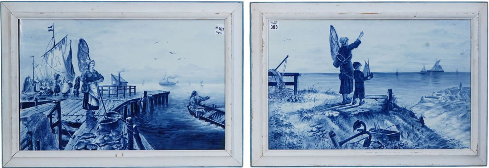 Pair Large blue and white Delft Tile Fishing Scenes, overall frame size 25 1/2 x 17 1/2 inches. (1 of 4)