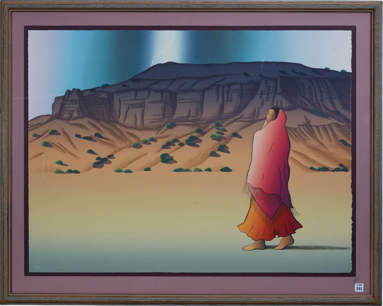 R.C. Gorman (1932-2005, Navajo/Dine) colored lithograph, Rainstorm -1987. edition 74/200 sheet size: R.C. Gorman (1932-2005, Navajo/Dine) colored lithograph, Rainstorm -1987. edition 74/200 sheet size 30 x 39 1/2 inches.