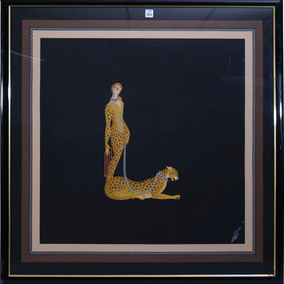 After Erte frame silk scarf deco leopard L overall size 38 x 38 inches. (1 of 5)