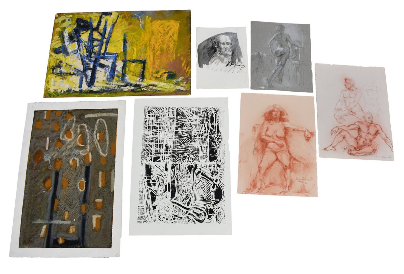 7 smaller pieces sold together: Reginald Herard (Haiti 1956 - 1999) 2 sanguine chalk on paper nude: 7 smaller pieces sold together: Reginald Herard (Haiti 1956 - 1999) 2 sanguine chalk on paper nude studies 15 x 11 each. 1 graphite and chalk drawing, 1 block print, 2 mixed media on paper nude studie