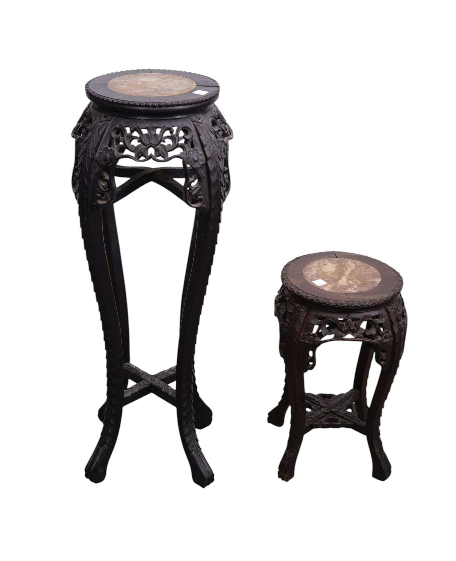 2 Chinese Stands, Carved with Marble Insert Tops 36"h x 11"w & 19"h x 11"w (1 of 5)