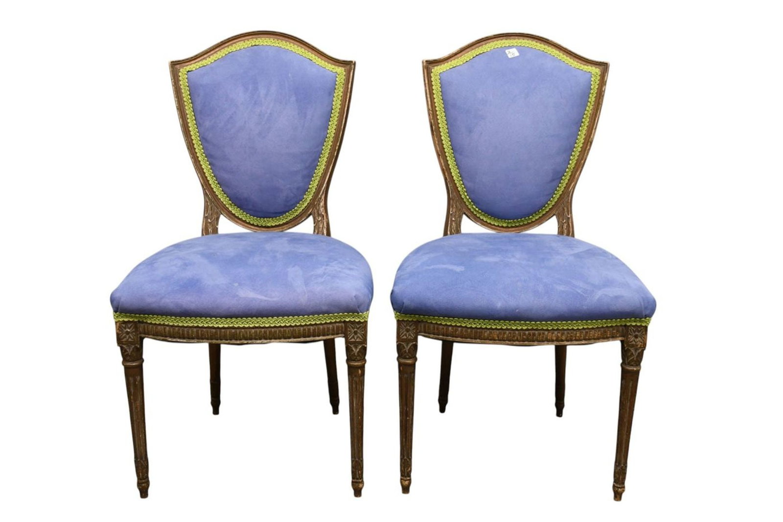 Pair French Style Purple Velvet Side Chairs With Green Braid Trim (wood is worn on frame) (1 of 4)
