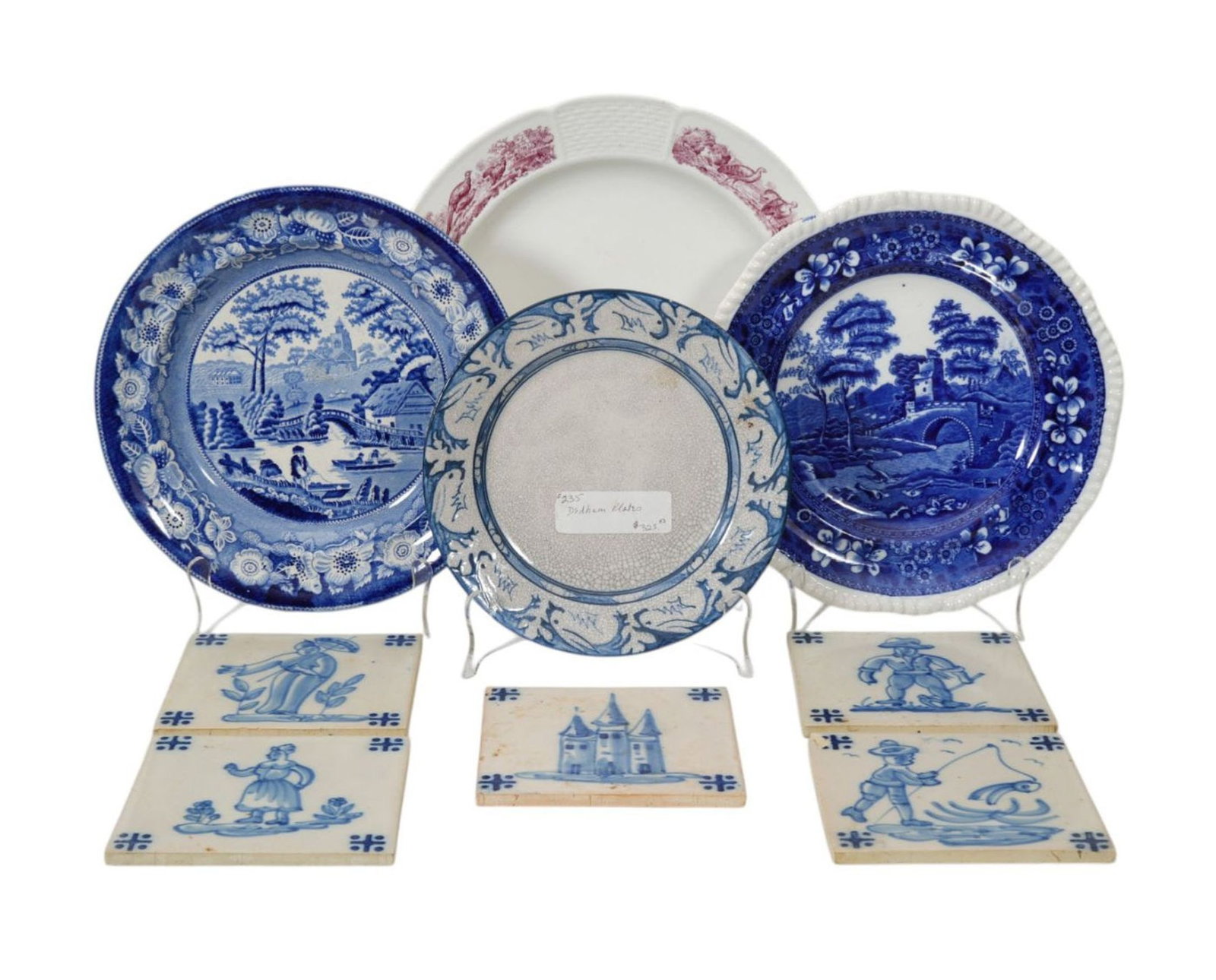 Lot of Blue & White, incl; Dedham Pottery Plate, 5 Transfer Tiles, 2 Blue & White Plates and Red & (1 of 16)