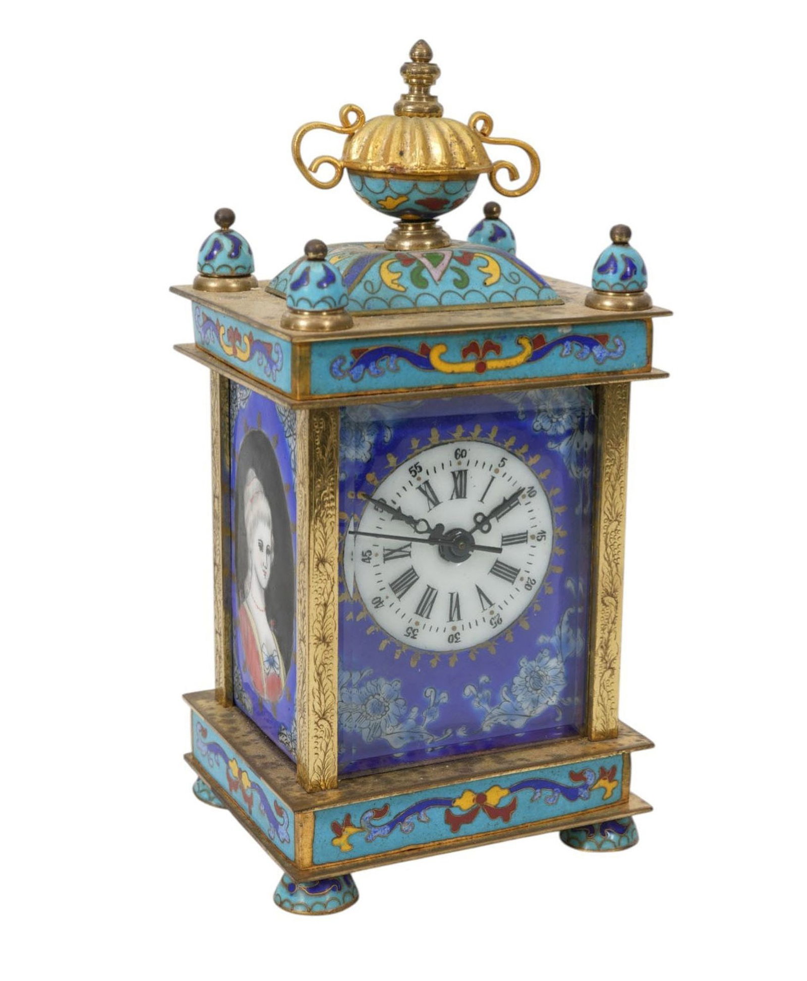 Enameled Desk Clock, 20th c, Urn At Top with Porcelain Face & Enamel Portraits on Either Side, 8"h x: Enameled Desk Clock, 20th c, Urn At Top with Porcelain Face & Enamel Portraits on Either Side, 8"h x 4"square