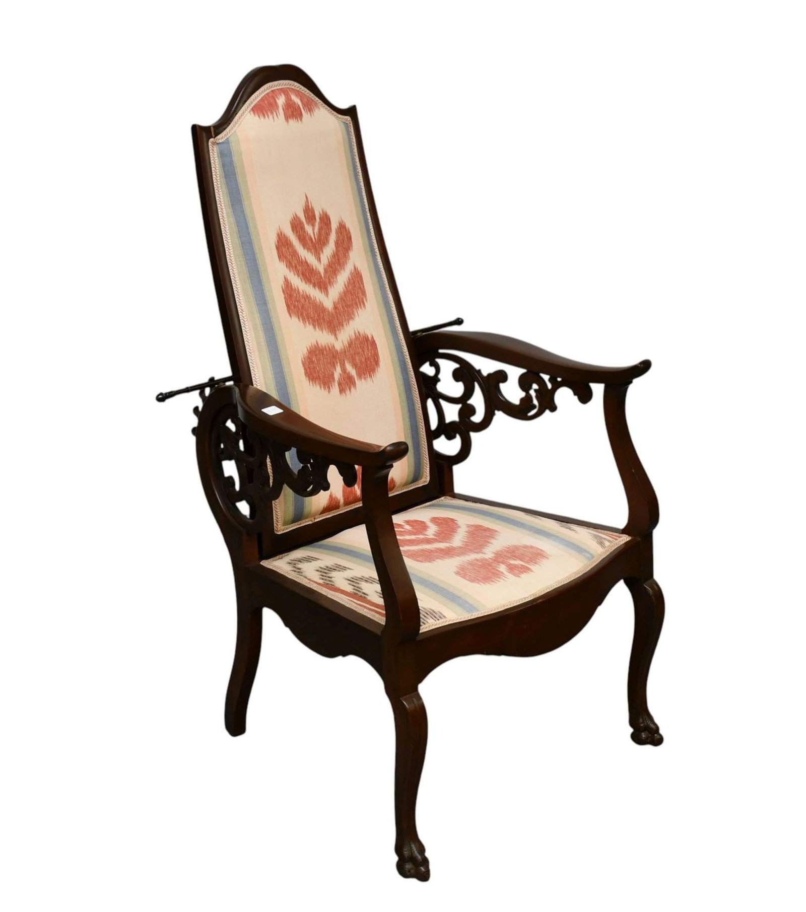 Fine Upholstered Morris Chair with Scrolling Motif, ___"H x ___"w x ___"d (one crack on arm) (1 of 7)