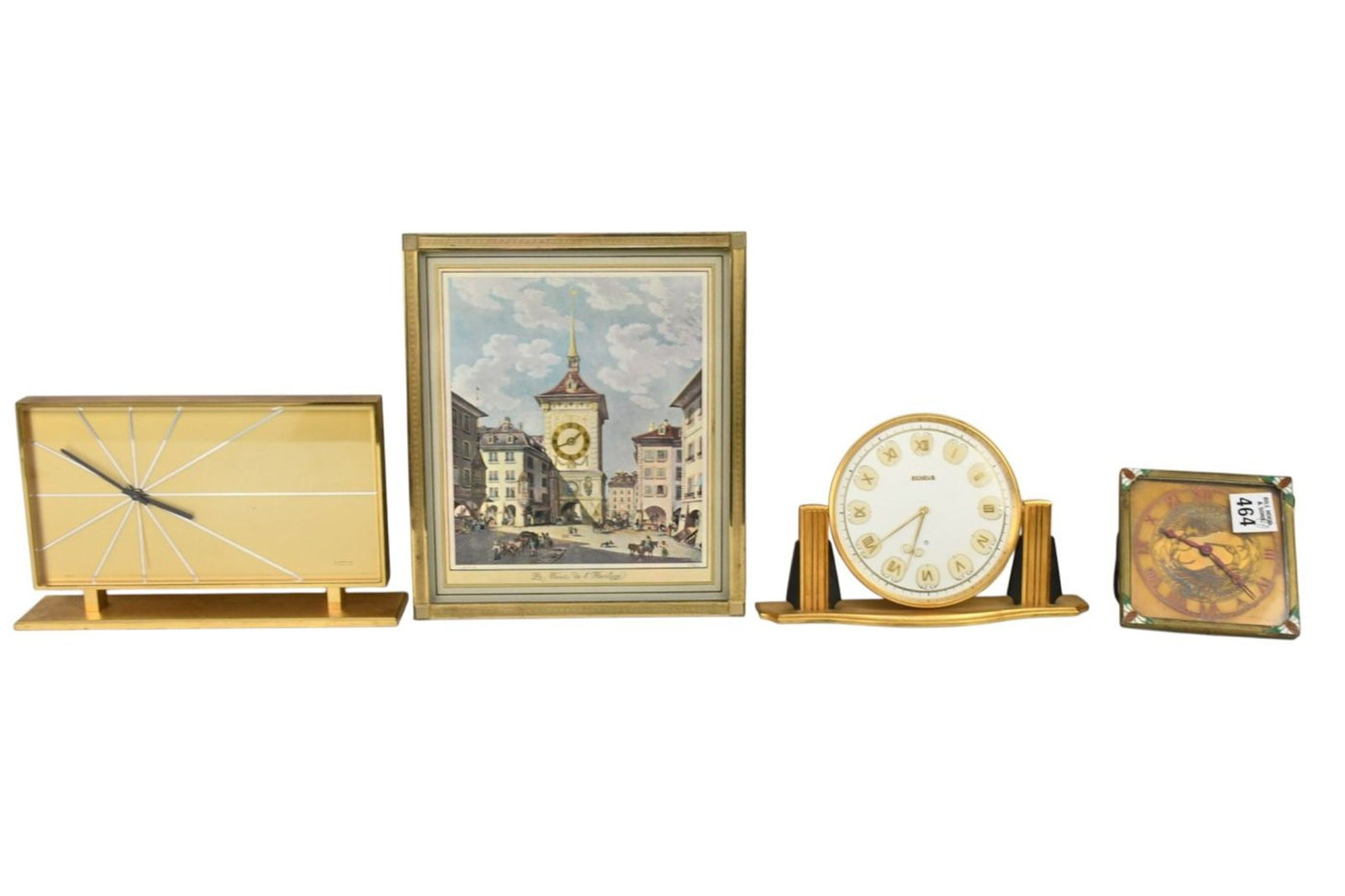 4 Vintage Clocks, Brass Frame Bulova Switzerland (9 1/2"h x 8 1/2"w), Art Deco Brass Frame with (1 of 11)