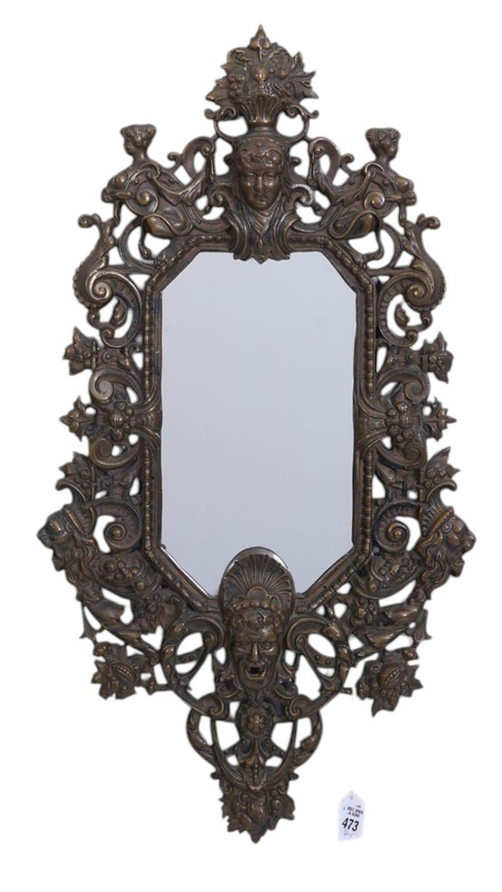 Ornate Continental Bronze Mirror - A bronze wall mirror, possibly French, the reticulated border (1 of 6)