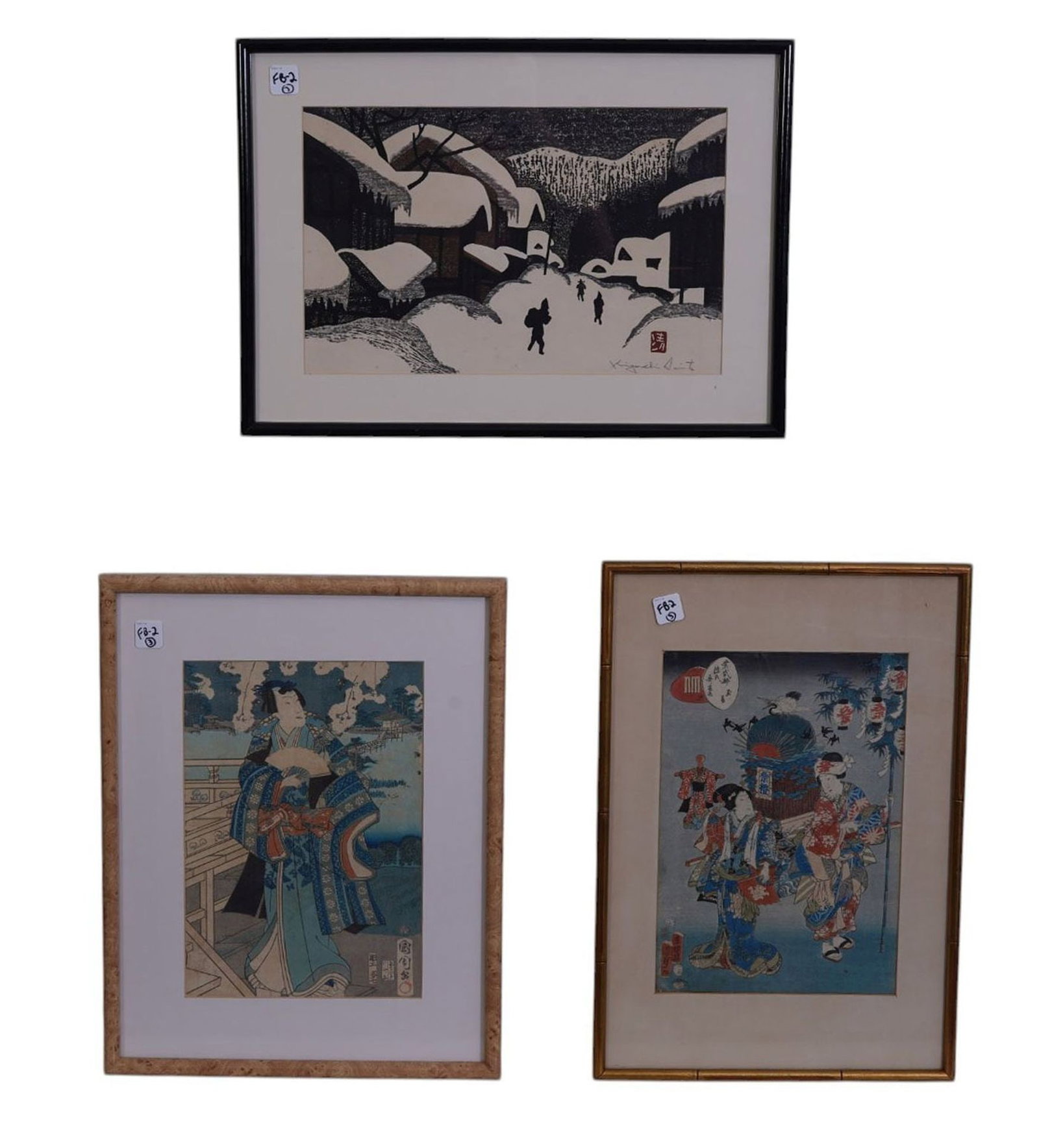 3 Japanese Woodblock Prints: one Kiyoshi Saito snow village, and 2 Kubiki theater, (1 of 8)