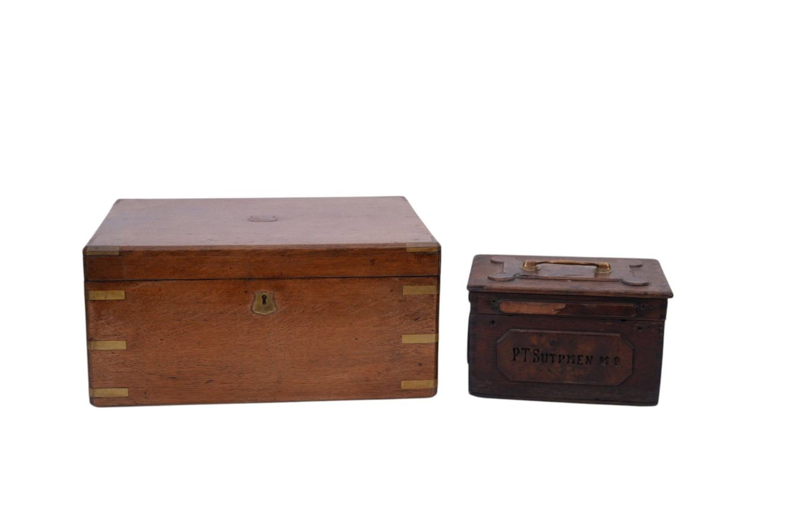 2 Antique Boxes, Oak with Brass Accoutrements (9"h x 17 1/2"w x 13 1/2"d) AND Small Wood Apothecary: 2 Antique Boxes, Oak with Brass Accoutrements (9"h x 17 1/2"w x 13 1/2"d) AND Small Wood Apothecary Box, Fitted Interior For Bottles (6 1/2"h x 10"w x 7"d)
