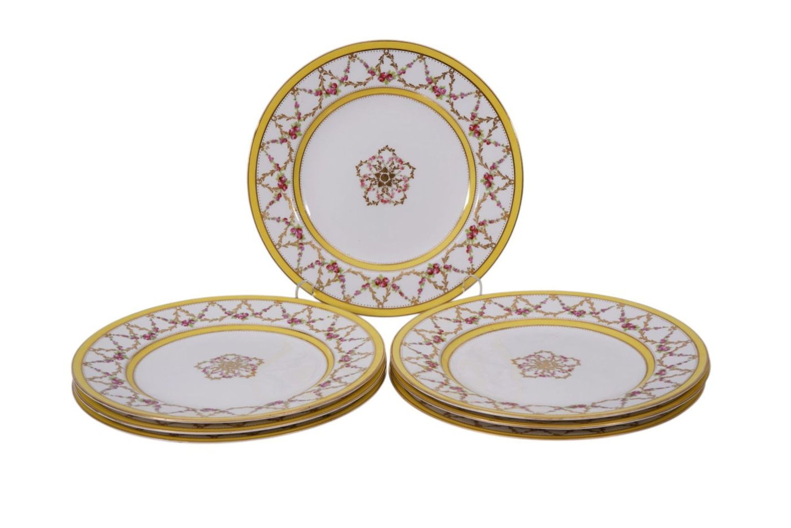 7 Dinner Plates, D.B. Bedell & Co. NY, Yellow & Floral on White, 10"dia (1 of 3)