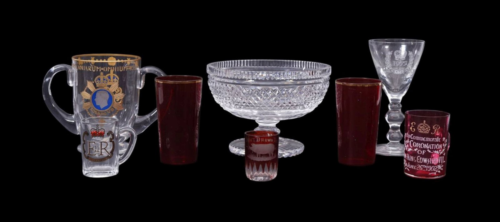 8 Misc. Vintage Commemorative Glass Objects, Cranberry Tumblers, Waterford Bowl (5 1/2"h x 7 (1 of 8)