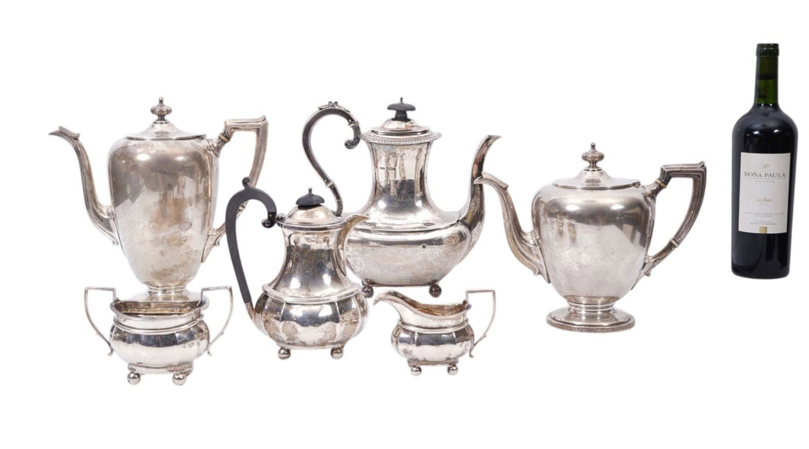 5 Pcs. Sterling Silver Holloware, 2 Matching Teapot & Coffee Pot, Monogram R AND 3 Pc. Coffee Set (1 of 13)
