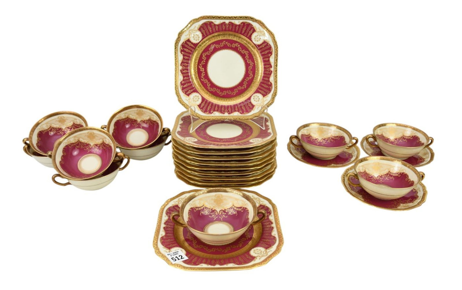 Bavaria Porcelain, Black Knight, Luncheon/Dessert Set, Square Plate, 10 Cream Soups and 3 Saucers (1 of 6)