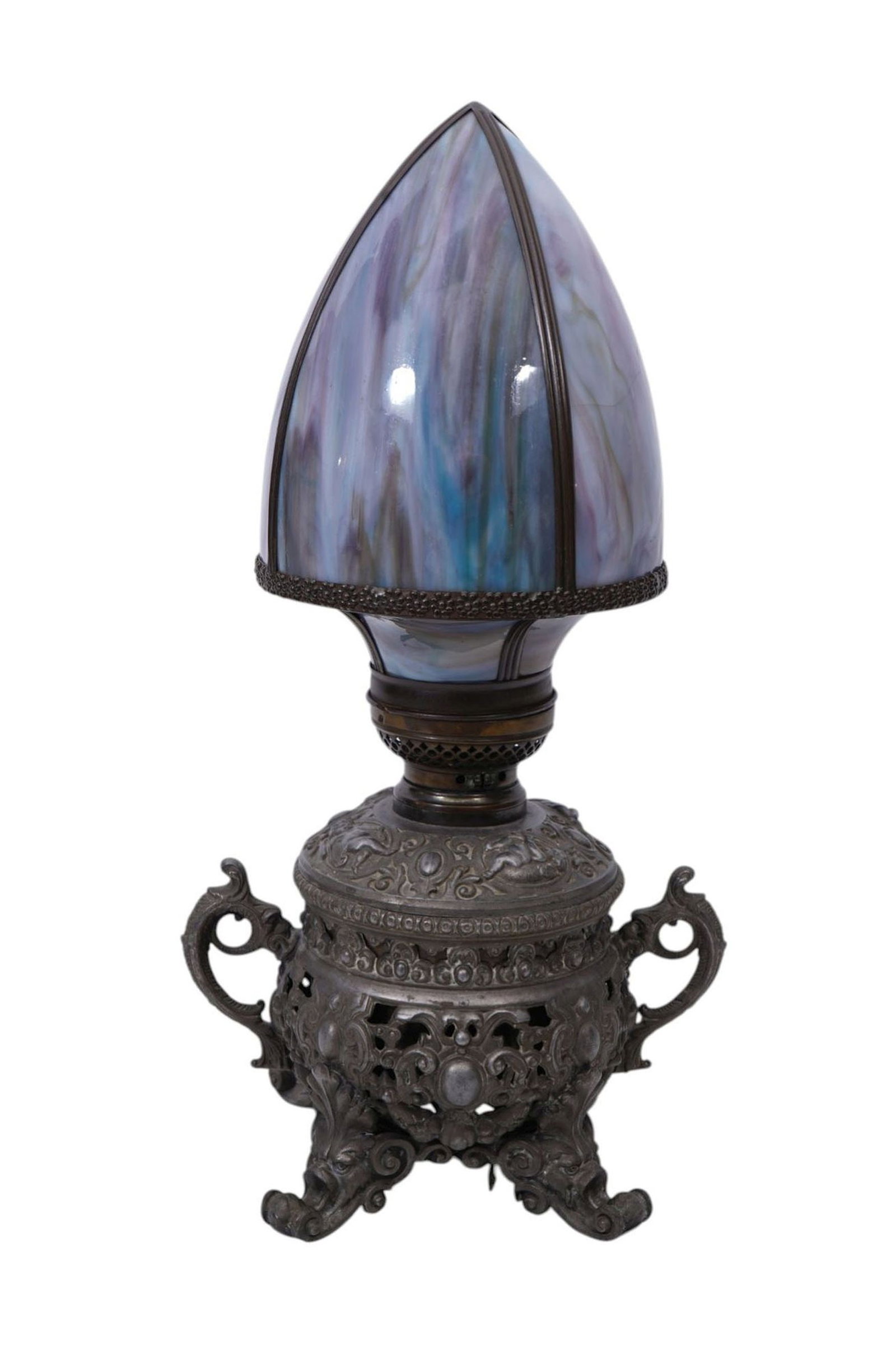 Antique Kerosene Lamp (Converted to Electric), Purple Slag Glass Cone Shape Shade, Reticulated Metal (1 of 8)