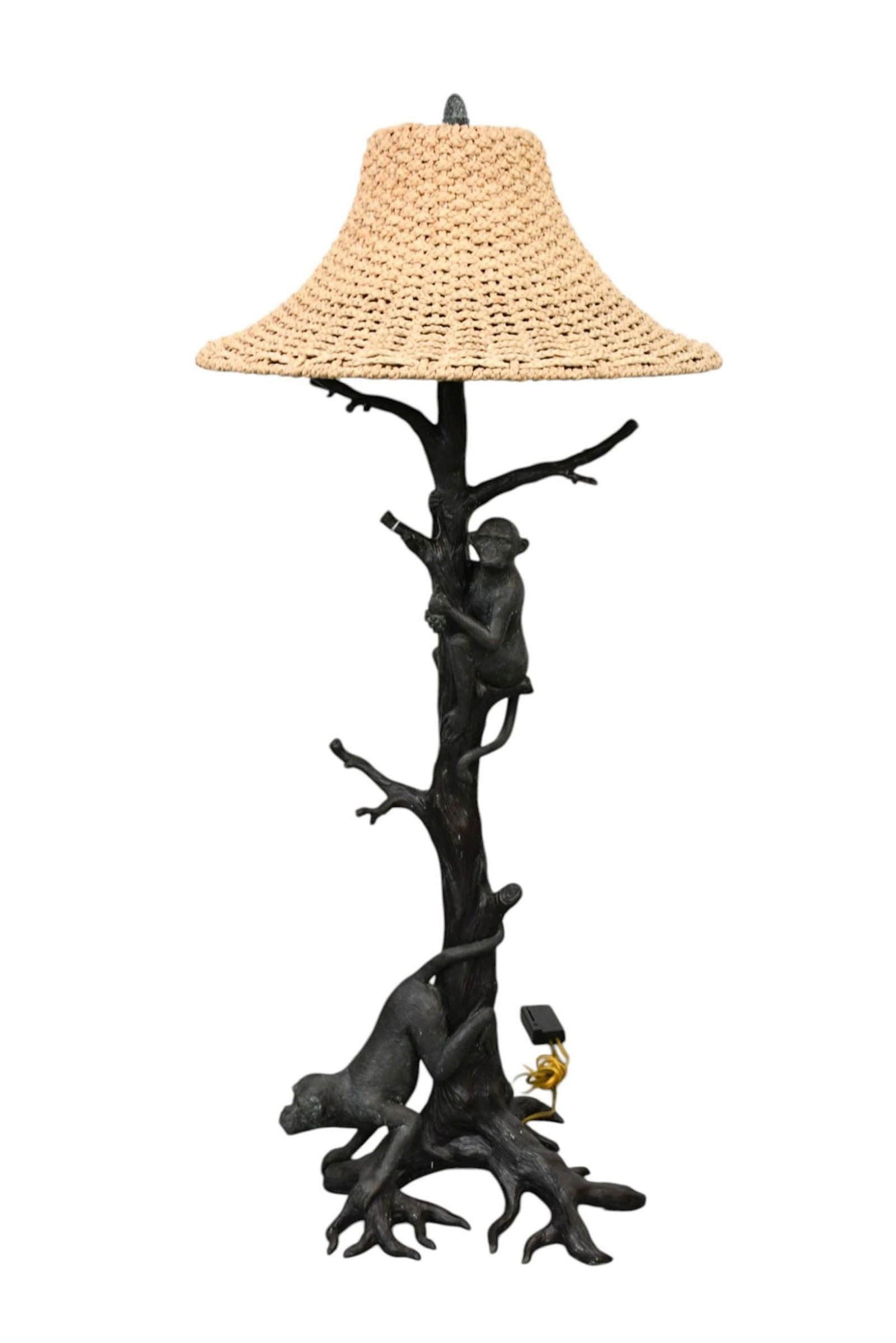 Maitland Smith Bronze Floor Lamp with 2 Monkeys Climbing Tree, 62"h x 27"dia. Shade (1 of 11)