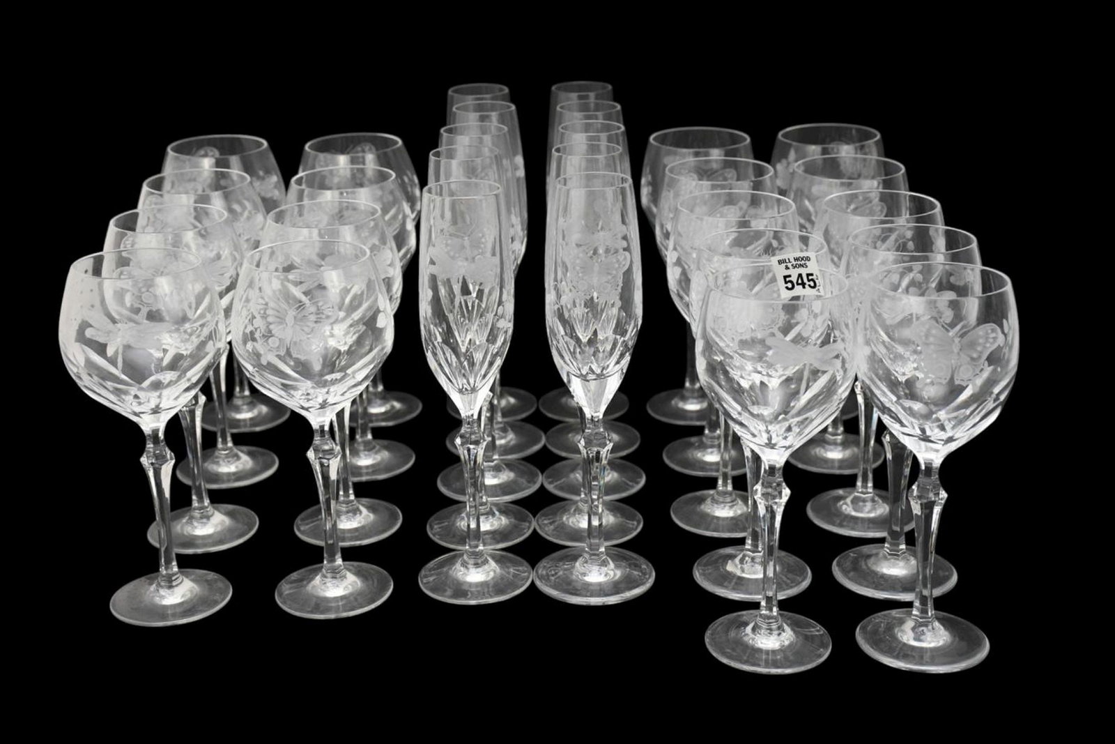 Collection of 28 Pcs. Varga Crystal Stemware, Engraved Butterly and dragonfly Motif, "Springtime" (1 of 9)