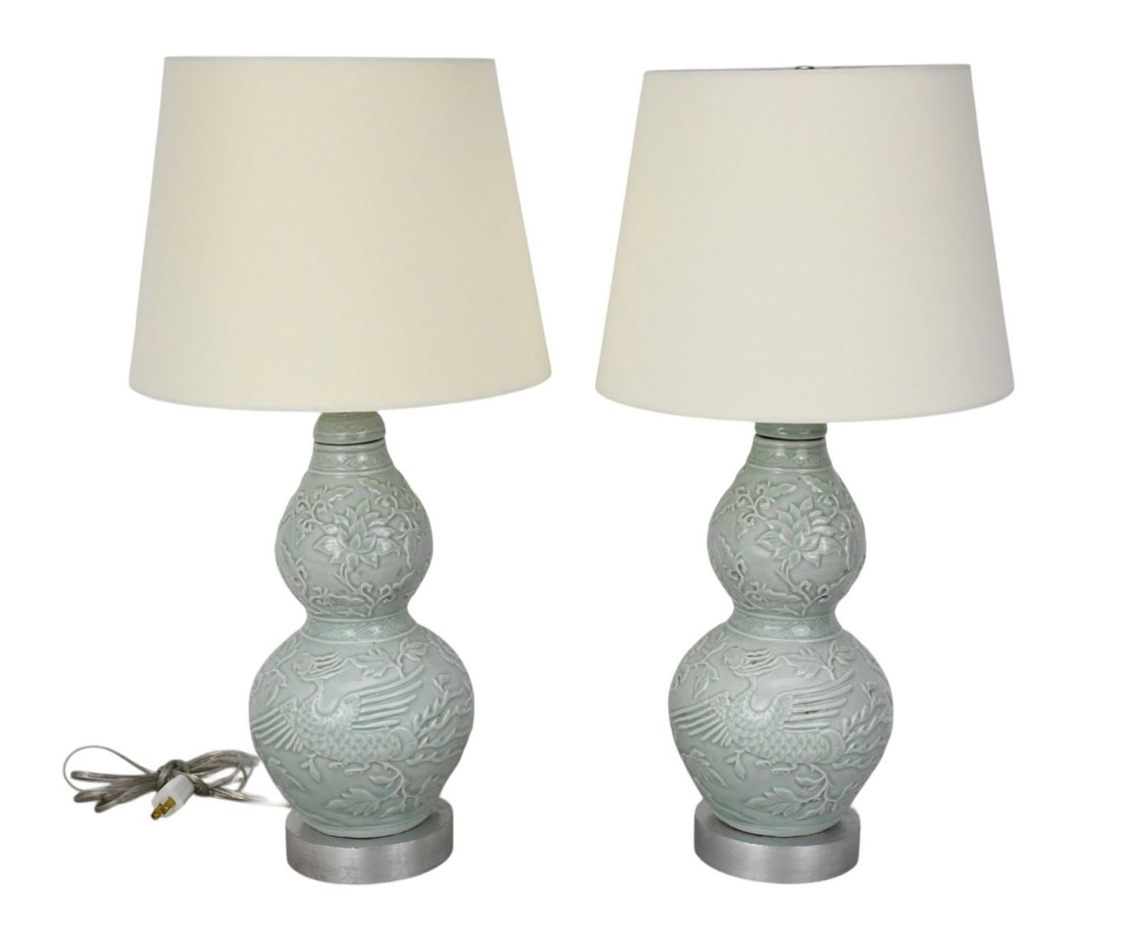 Pair Chinese Double Gourd Celadon Table Lamps, Phoenix & Flower Motif, 23"h x top of shade x 8"w (1 of 4)