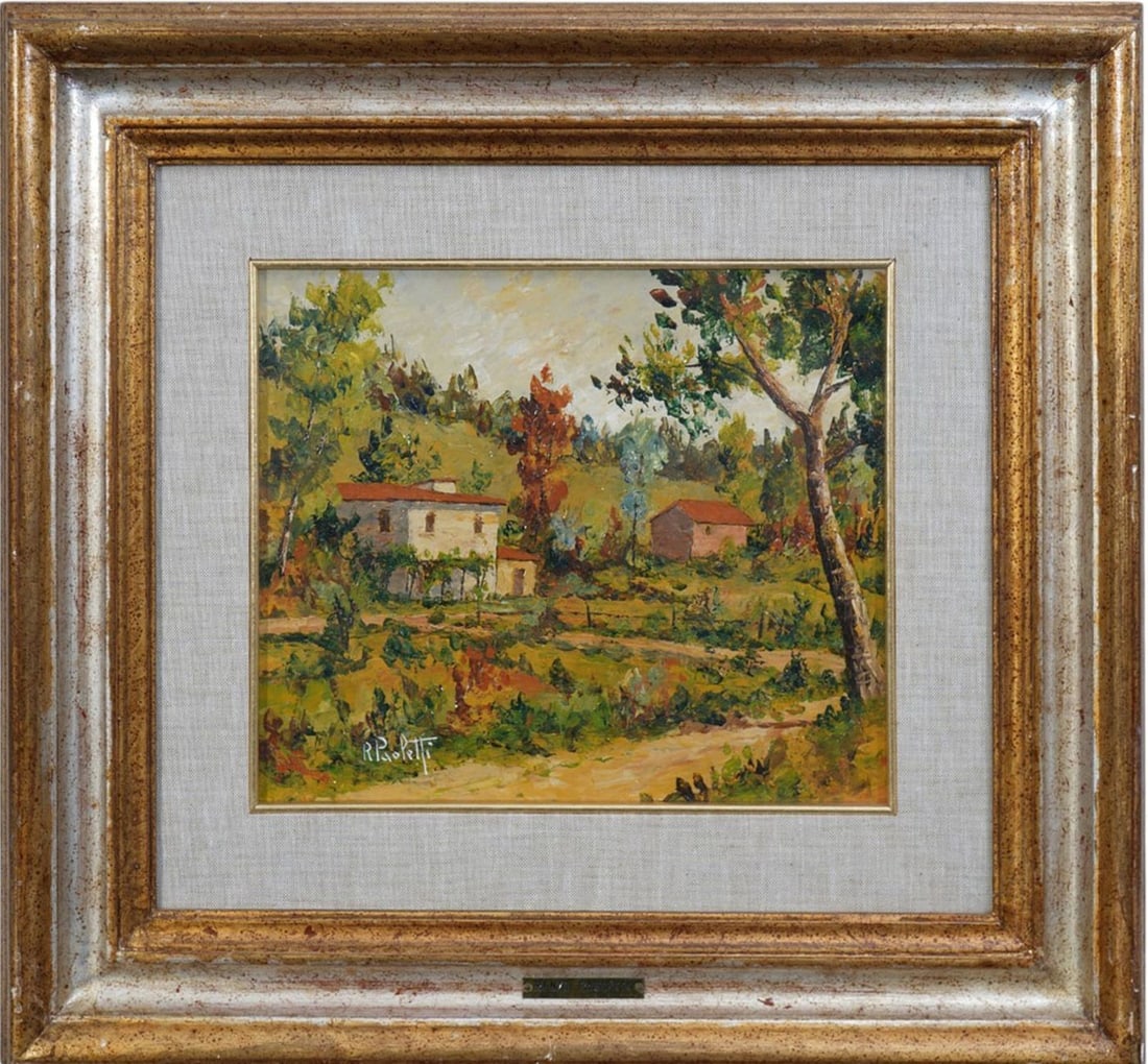 Renzo Paoletti (Italian. Born 1922) oil on Masonite, sight size 9 x 11 inches. Country House. (1 of 6)